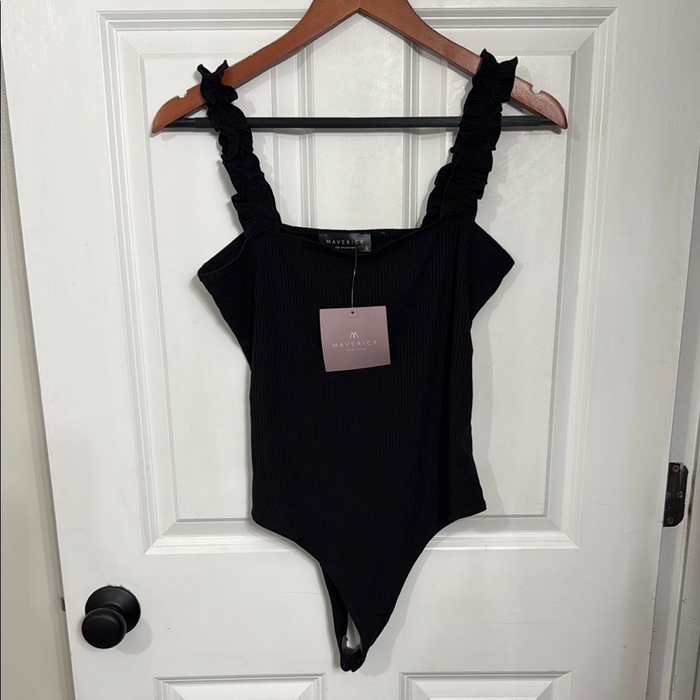 Black Ruffled Strap Bodysuit